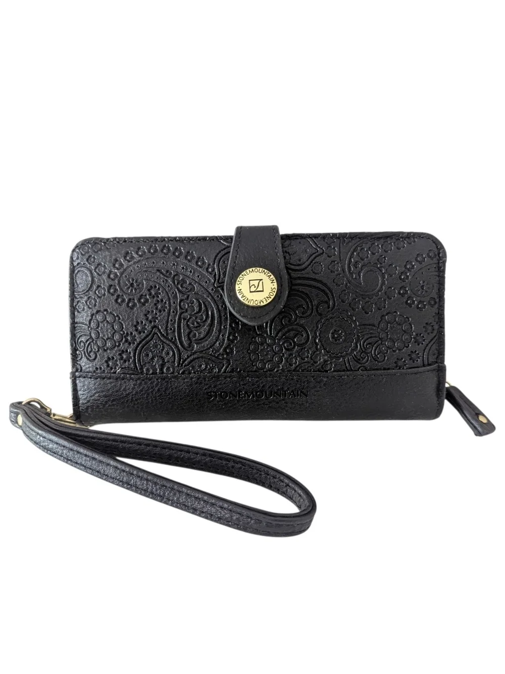 Stone Mountain Black Embossed Wristlet with Gold Accents